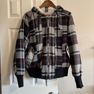 -SOLD-Torrid Burgundy Gray Black Plaid Sherpa Faux Fur Bomber Jacket Winter Coat